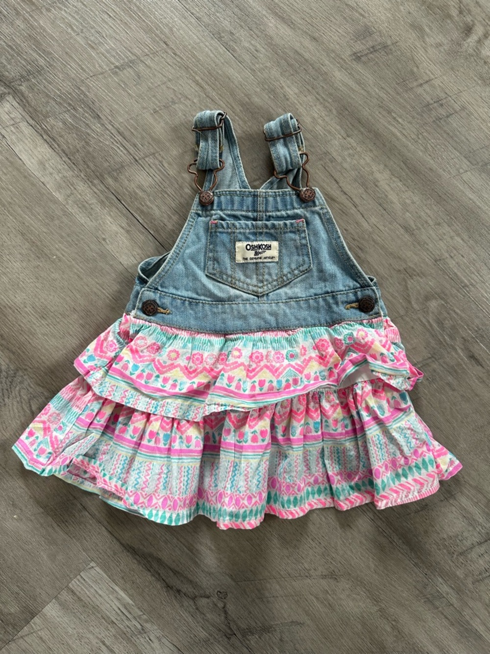 OshKosh B'gosh Denim Overall Dress with Pink & Aqua Ruffle Skirt
